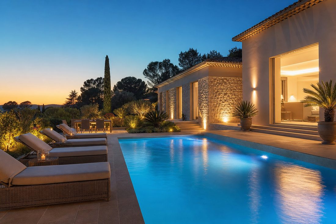 Piscine éclairée en soirée à Marseille